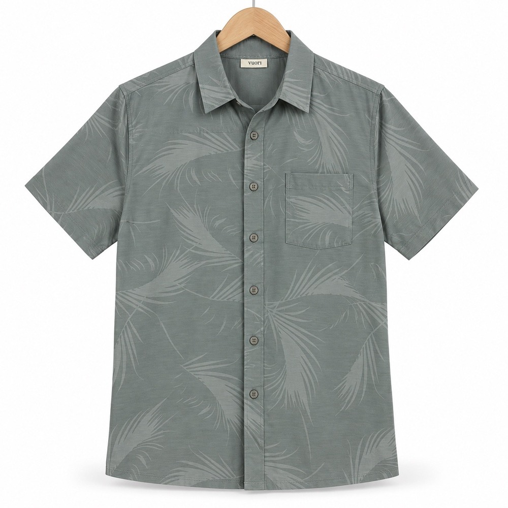 Vuori Bridge Button Down Shirt Men's M Gray Palm Leaf Stretch Short Sleeve V184